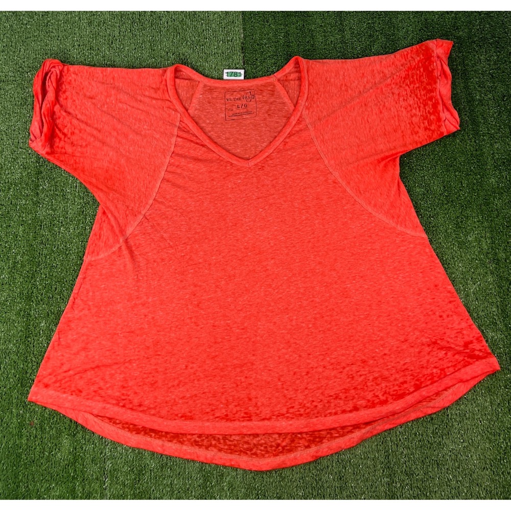 We The Free Free People Orange Red V-Neck Burnout Short Sleeve Top Lightweight L